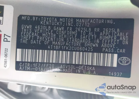 2012 Toyota Camry Se from USA, damaged, VIN 4T1BF1FK2CU060425